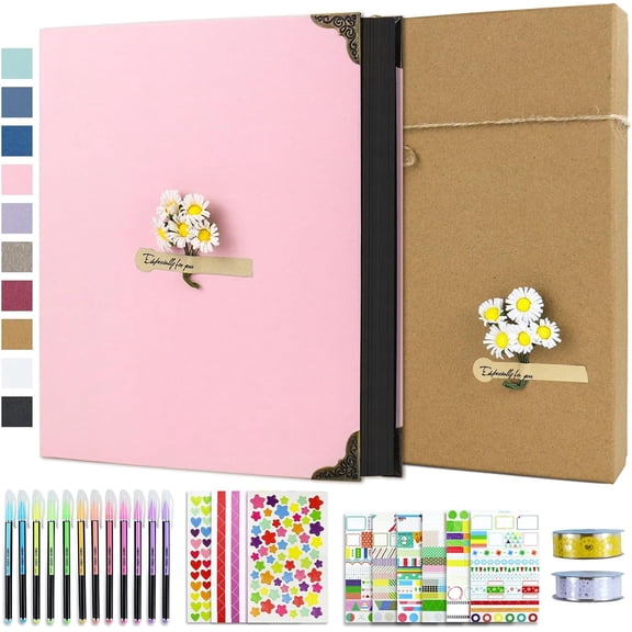 DIY Scrapbook Photo Album Kit with Stickers, Pens, Tapes, 60 Pages Hardcover Memory Book, 8.5x11 Inch 3 Ring Binder with Black Pages, Guest Book Gift for Wedding, Travel & Anniversary Pink