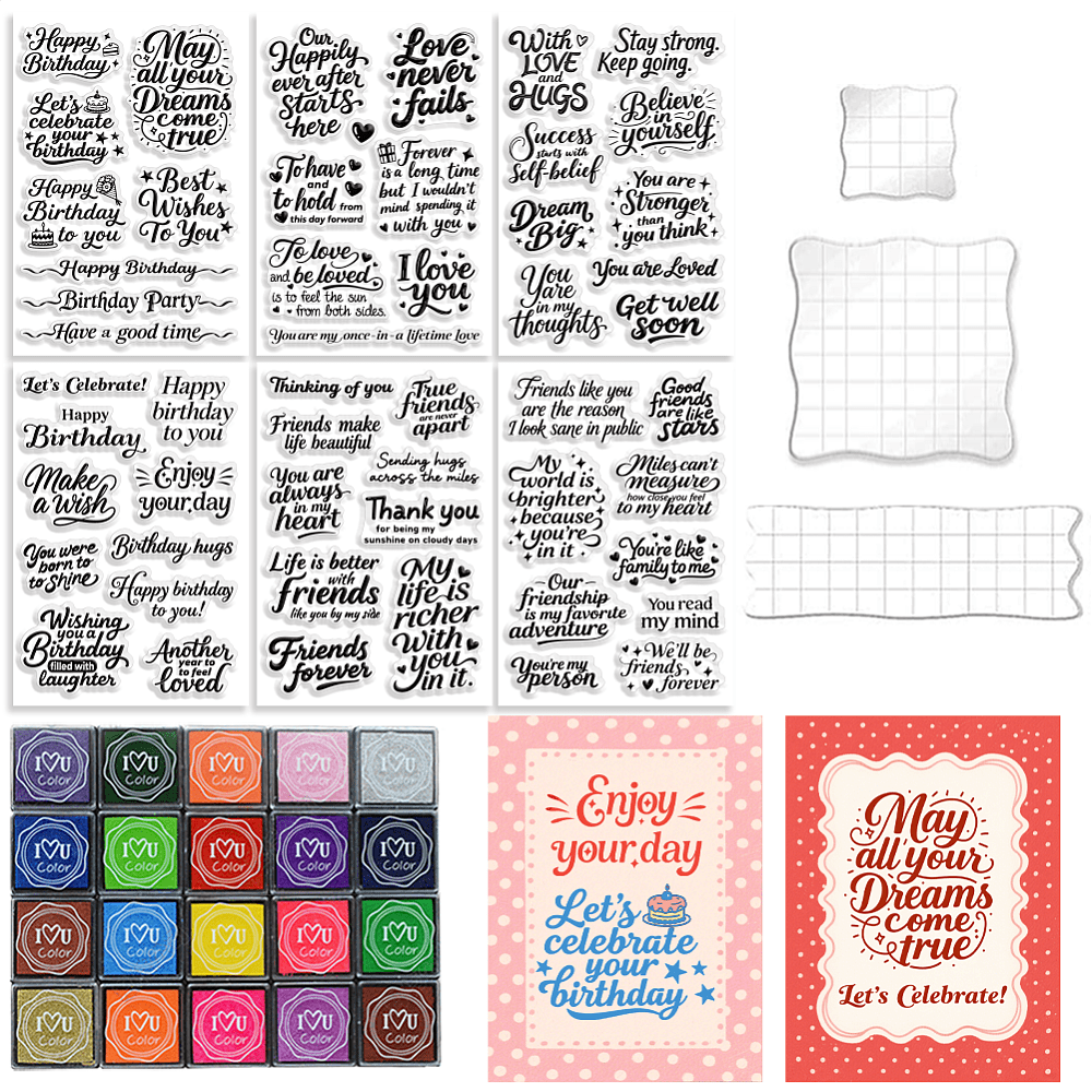 DIY Scrapbooking Stamp Kits including Acrylic Stamping Blocks Tools PVC Plastic Clear Stamp Plastic Craft Finger Ink Pad Stamps Set Mixed Shapes DIY