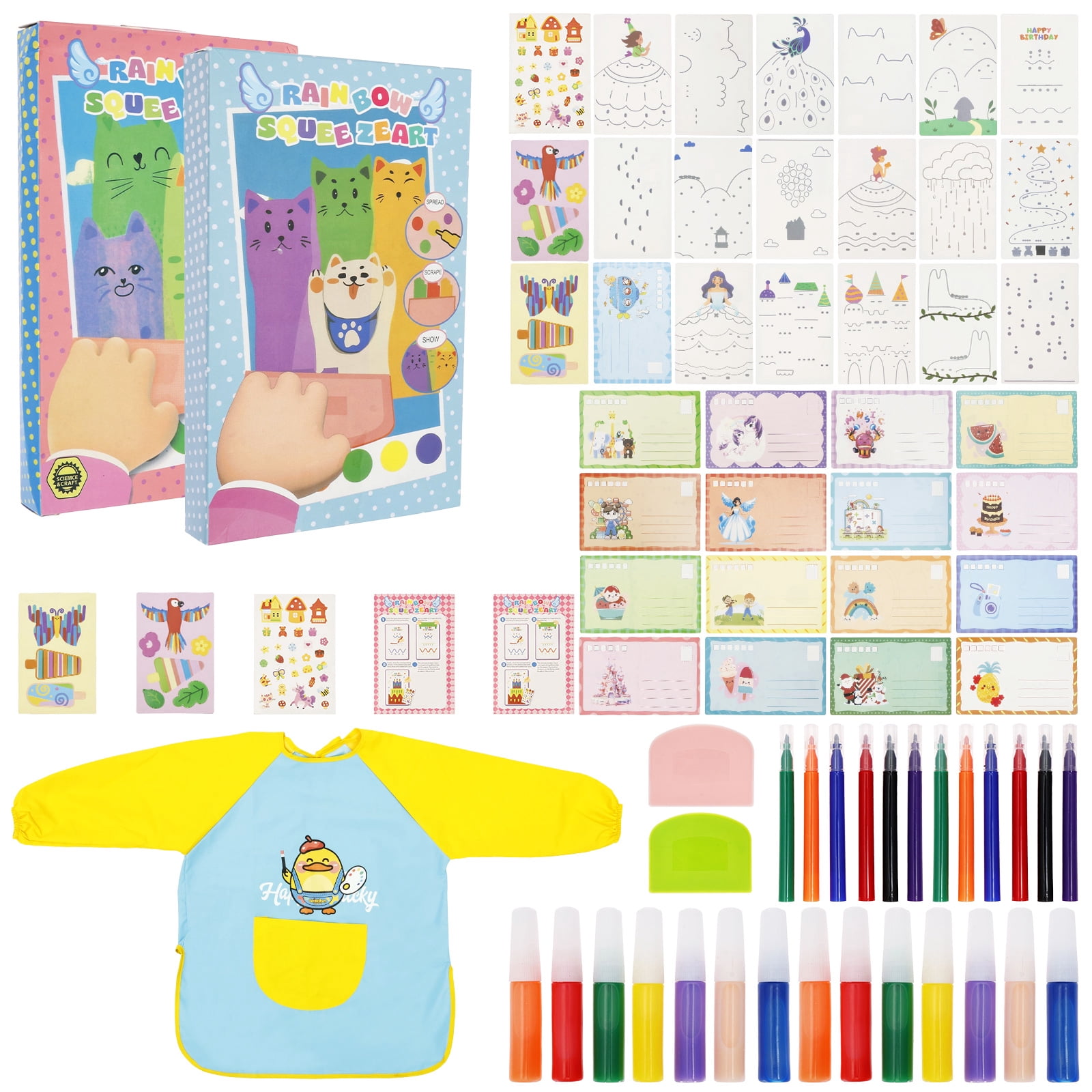 DIY Scratches Art, Creative Painting Kit for Kids, Rainbow Scratch Paper Art Set Notebooks, Magic Dot Scratch Painting Party DIY Gifts for Girls and Boys，With Apron