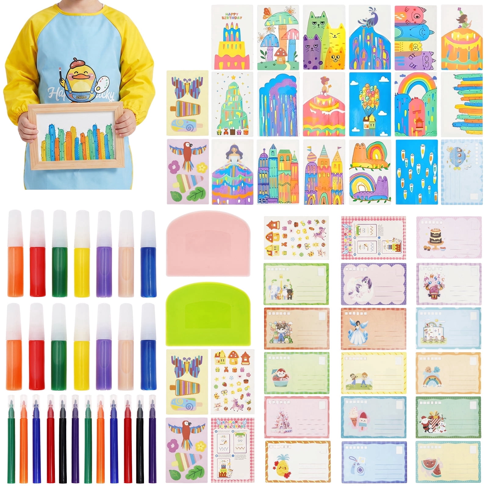 DIY Scratches Art for Party Activities Creative Postcard Design Scratch Painting Kit Novelty Squeegee Art Kit with Multi Color Paints for Adults Kids