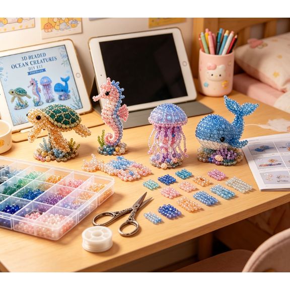DIY Sea Animal Beading Kit,2026 Tiny 3D Beaded Animal DIY Kit with Colorful Beads and Instructions,Stress Relief Creative Decoration Gifts for Adults Teens Beginners & Craft Enthusiasts