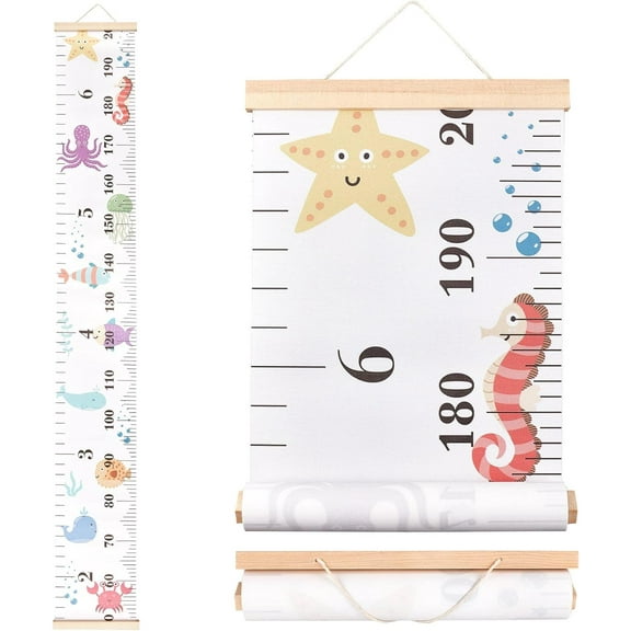 DIY Sea Animals Growth Chart Fabric Canvas Height Measurement Ruler Wood Frame Hanging Removable Cartoon Wall Rulers for Home Living Room Decoration Nursery Decor Gift 8.39 x 59 Inch DIY