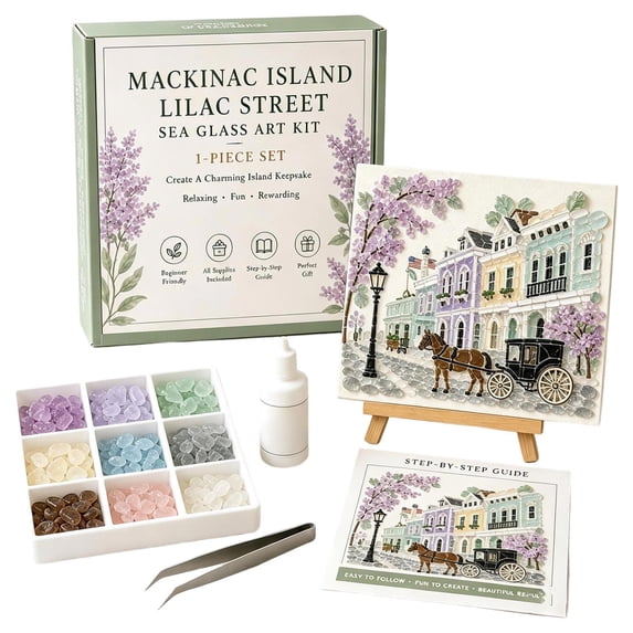 DIY Sea Glass Art Kit, 1-Piece Landscape Craft Set with Stand, Relaxing Adult Hobby & Home Decor Gift (Mackinac Island Lilac Street)