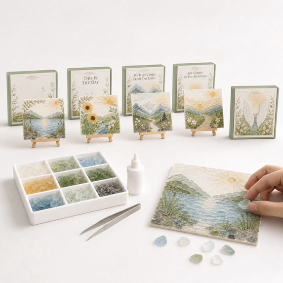 DIY Sea Glass Art Kit, 5 Landscape Designs, All-Inclusive with Frosted Chips, Pre-Printed Boards, 16x16cm, 1 Set, Wood Stand, Beginner Friendly Decor Gift for Adults Kids