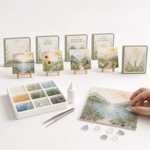 DIY Sea Glass Art Kit, 5 Landscape Designs, All-Inclusive with Frosted Chips, Pre-Printed Boards, 16x16cm, 1 Set, Wood Stand, Beginner Friendly Decor Gift for Adults Kids