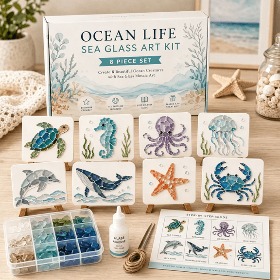 DIY Sea Glass Art Kit – Beach Glass Mosaic Craft Set with Colorful Tiles, Complete Sea Glass for Crafts, decorative glass art making supply for adult handmade projects