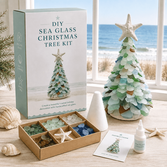 DIY Sea Glass Art Kit, Build a Sparkling Christmas Tree with Frosted Ocean Glass, Ideal for Home Decor, Craft Lovers & Holiday Gifts