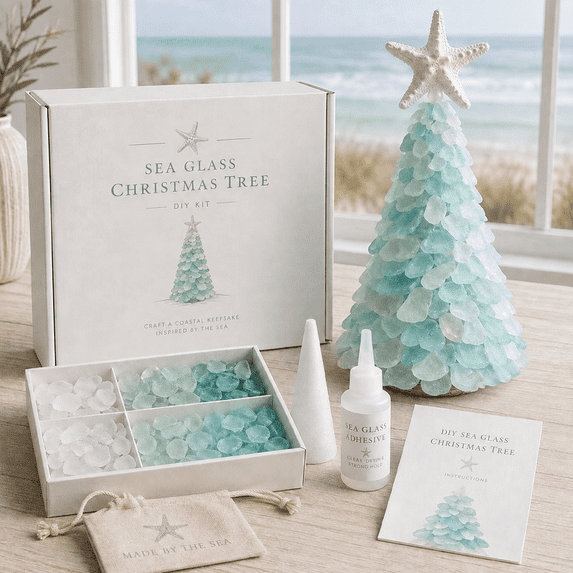 DIY Sea Glass Art Kit, Build a Sparkling Christmas Tree with Frosted Ocean Glass, Ideal for Home Decor, Craft Lovers & Holiday Gifts