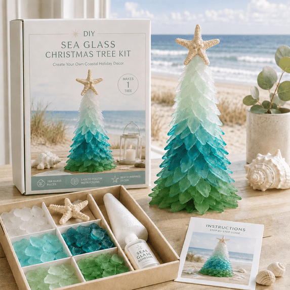 DIY Sea Glass Art Kit, Build a Sparkling Christmas Tree with Frosted Ocean Glass, Ideal for Home Decor, Craft Lovers & Holiday Gifts