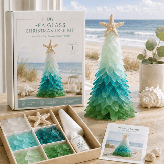 DIY Sea Glass Art Kit, Build a Sparkling Christmas Tree with Frosted Ocean Glass, Ideal for Home Decor, Craft Lovers & Holiday Gifts