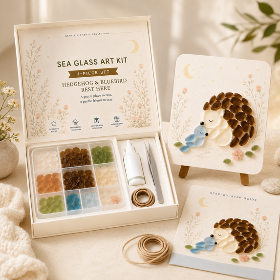 DIY Sea Glass Art Kit, Cute Animal Glass Mosaic Kit for Adults, Beginner Craft Set with Colorful Sea Glass Pieces and Display Easel, Cozy Handmade Tabletop Decor Gift