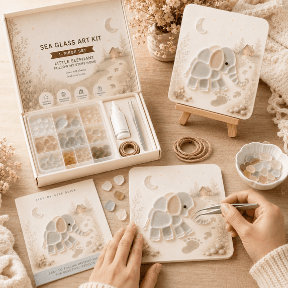 DIY Sea Glass Art Kit, Cute Animal Mosaic Craft Kit for Adults Beginners, 3D Glass Art with Easel, Adhesive and Guide, Handmade Home Decor Gift, 3.93 x 3.93 In