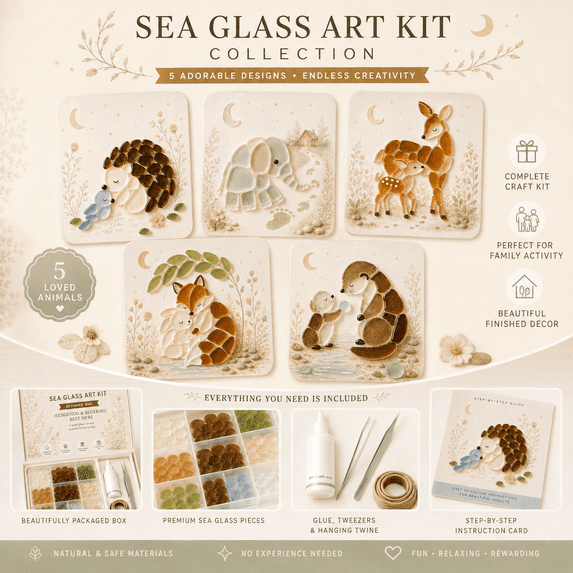DIY Sea Glass Art Kit, Cute Animal Mosaic Craft Kit for Adults Beginners, 3D Glass Art Set with Adhesive Tweezers Guide and Easel, Handmade Tabletop Decor Gift