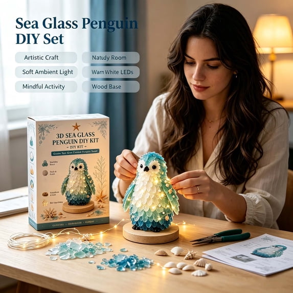 DIY Sea Glass Art Kit, Light Up Craft Kit with Ocean Themed Design, Tabletop Handmade Art Ornament, Coastal Mosaic Craft Kit with Sea Glass Shells and Pearl Accents, Creative Handmade Gift for Adults