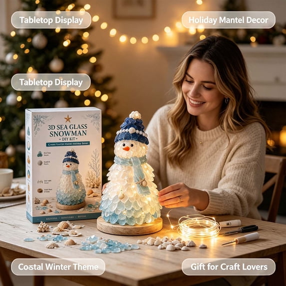 DIY Sea Glass Art Kit, Light Up Craft Kit with Sea Glass, Shells & Pearl Accents, Coastal Ocean Inspired Mosaic Art Decoration, Creative Handmade Gift for Adults (Snowman)
