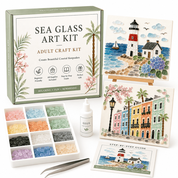 DIY Sea Glass Art Kit, Mosaic Craft Kit with Colorful Glass Stones for Adults Beginners, Handmade Wall Art Home Decor Gift