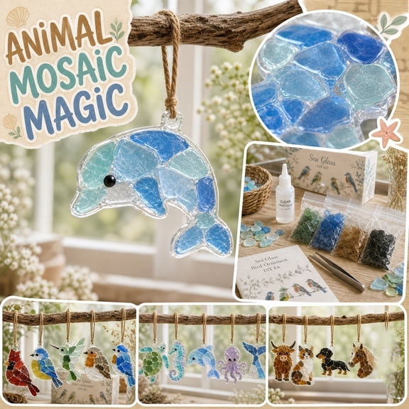 DIY Sea Glass Collage Kit, 5pcs Handmade Sea Glass Craft Kit, Sea Glass Animal Kit, Relaxing Therapeutic Seaglass Art Project, for By Windows, on Walls, in Offices, on Bags, and Inside Cars(Blue)