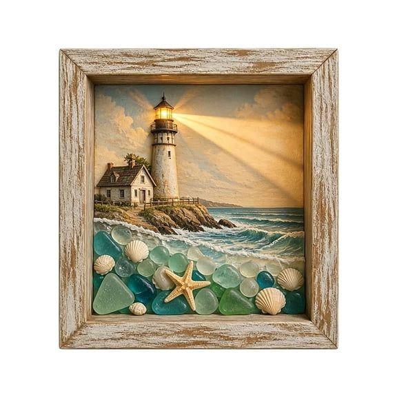 DIY Sea Glass Lighthouse Night Light Kit, Square Wooden Coastal Craft Frame with Clear Glass Panel, Battery Powered Beach Theme Tabletop Decor for Bedroom, Desk, Window Display and Gift