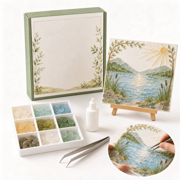 DIY Sea Glass Mosaic Art Kit, Artificial Stone Craft Set with Frame & Glue, Beginner Friendly Home Wall Decor Jewelry Making Project for Adults