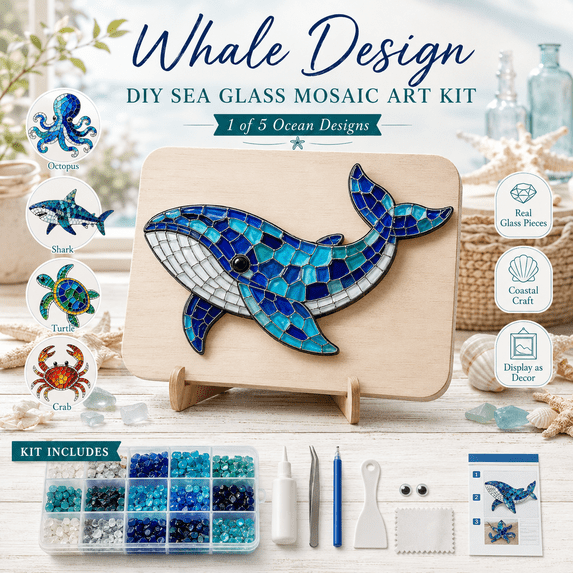 DIY Sea Glass Mosaic Art Kit, Beginner Whale Craft Kit with Acrylic Mosaic Pieces, Adhesive and Tools, Relaxing Ocean Animal DIY Project, Whale