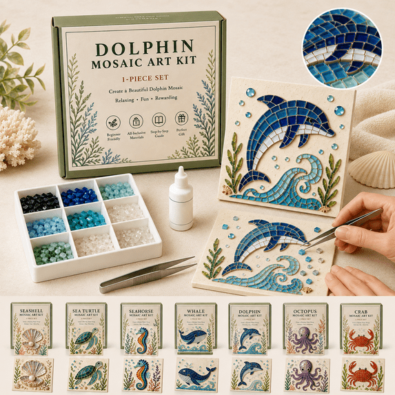 DIY Sea Glass Mosaic Art Kit, Sea Glass Art Kit for Adults and Beginners, Ocean Animal Mosaic Craft with Colorful Glass Pieces, Adhesive, Tweezers and Guide, Coastal Decor Gift