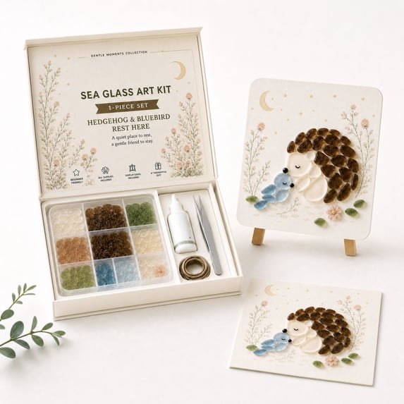 DIY Sea Glass Mosaic Art Kit with Stand, 3.93in Craft Set for Adults & Kids, Tabletop Animal Decor & Gift (Hedgehog & Bluebird)