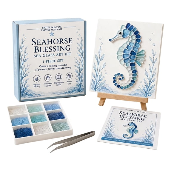 DIY Sea Glass Mosaic Art Set for Adult Crafters, Nautical Ocean Theme, Decorative Funny Ornament & Thoughtful Handmade Gift (Seahorse)