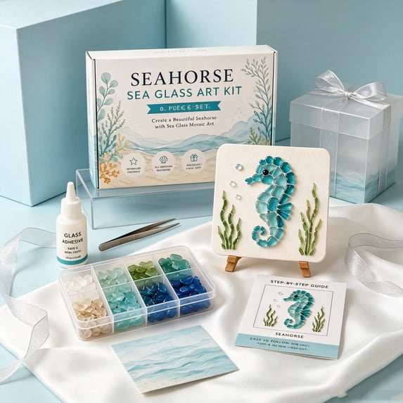 DIY Sea Glass Mosaic Craft Kit, Seaglass Art Kit for Adults with Glass Tiles and Instructions, Ocean Themed Sea Creature Art for Coastal Home Decor Relaxing Hobbies