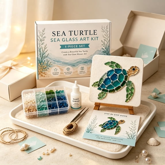 DIY Sea Glass Mosaic Craft Kit, Seaglass Art Kit for Adults with Glass Tiles and Instructions, Ocean Themed Sea Creature Art for Coastal Home Decor Relaxing Hobbies