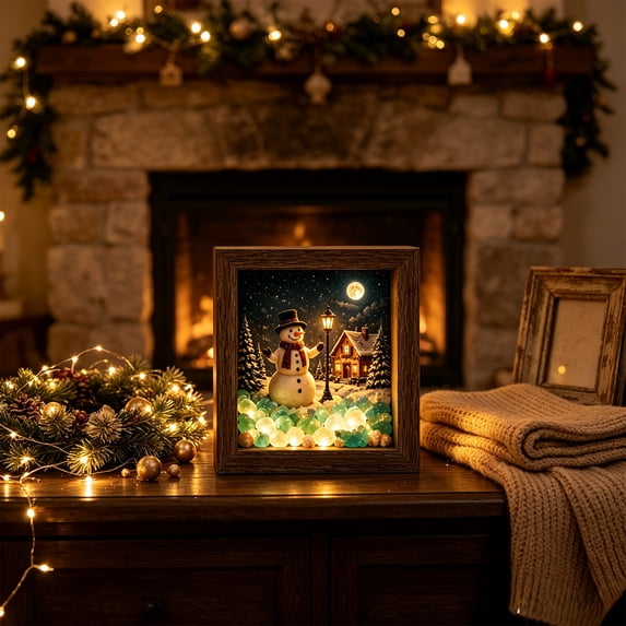 DIY Sea Glass Night Light Wooden Frame, Christmas Themes Box Lamp LED, Battery Operated Handmade Table Decor, Holiday Xmas Gift for Home 8.5x8.5 Inch