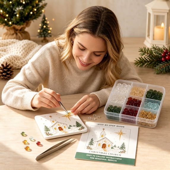 DIY Sea Glass Painting Christmas Hanging Ornament Kit – 5D Crystal Christmas Church Art Craft – Christmas Animal Sea Glass Art Decoration for Hand‑Making Home Tabletop Artwork