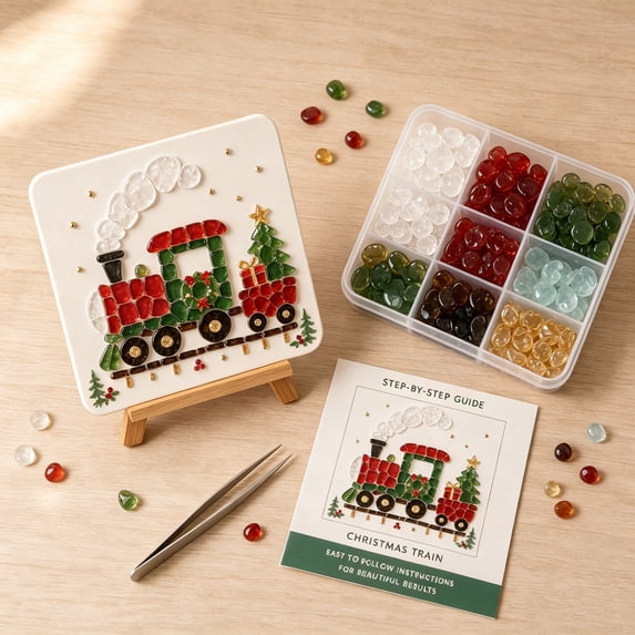 DIY Sea Glass Painting Christmas Hanging Ornament Kit – 5D Crystal Christmas Train Art Craft – Christmas Animal Sea Glass Art Decoration for Hand‑Making Home Tabletop Artwork