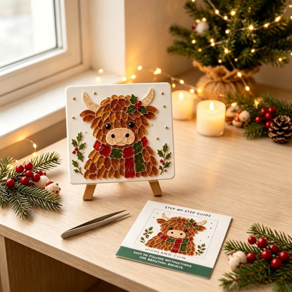 DIY Sea Glass Painting Christmas Hanging Ornament Kit – 5D Crystal Highland Cow Art Craft – Christmas Animal Sea Glass Art Decoration for Hand‑Making Home Tabletop Artwork