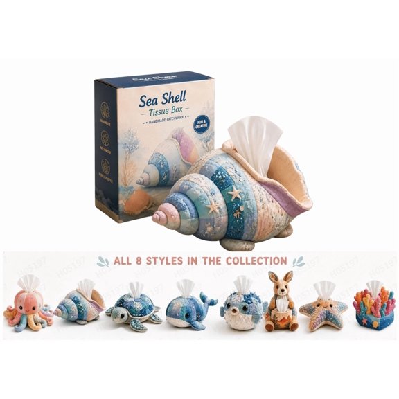 DIY Sea Shell Tissue Box Sewing Kit, Patchwork Sea Animal Tissue Holder Making Kit with Assorted Patterns, Beginner-Friendly Handmade Fabric Craft for Home Decoration & Gifting
