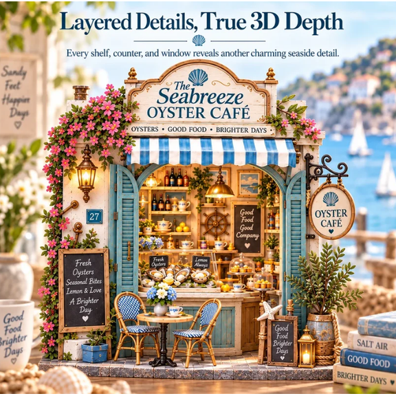 DIY Seabreeze Oyster Cafe Mini House Kit, Coastal Themed 3D Shadow Box Building Kit, Precut Pieces Easy Slot Assembly, Creative Art Craft Gift