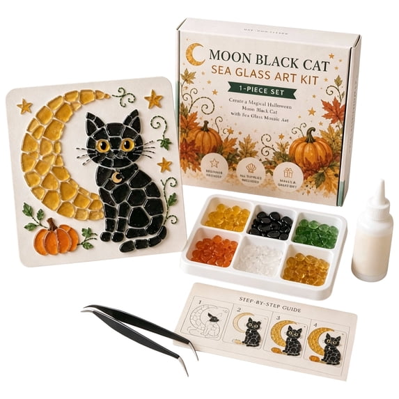 DIY Seaglass Mosaic Art Kits for Adults Halloween, Black Cat Design 5.91 Inch Mosaic Kit with Sea Glass Pieces Glue Tweezers Guide, Creative Gift Decor