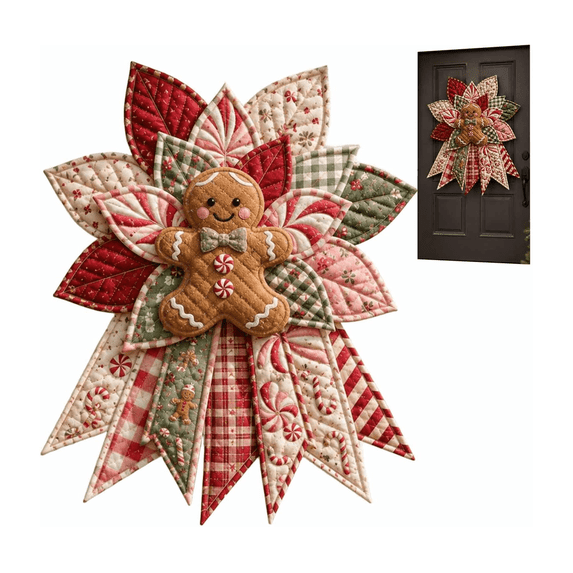 Festive Quilted Christmas Door Hanging DIY Sewing Kit – Create 3D Bow with Poinsettia & Plaid, Complete Fabric Batting Thread Templates, Patchwork Decor for Door Wall