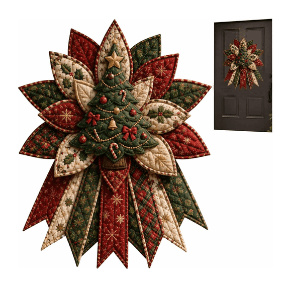 Festive Quilted Christmas Door Hanging DIY Sewing Kit – 3D Bow Craft with Poinsettia & Plaid, Complete Fabric Batting Thread, Patchwork Decor for Home