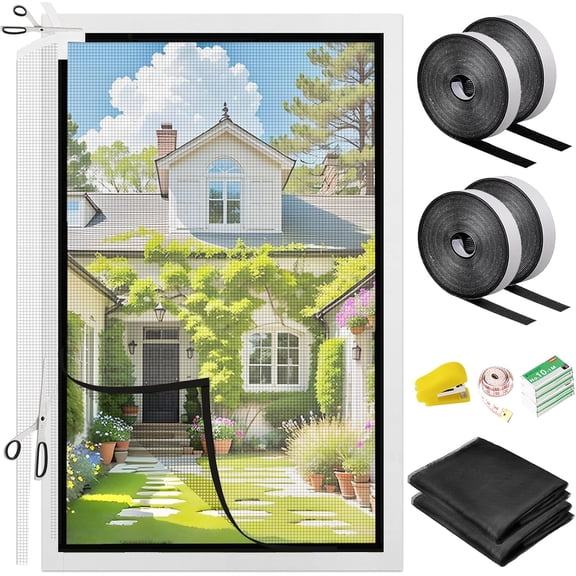 DIY Self-Adhesive Window Screen, 35x55 Inch Adjusting Fibreglass Netting Mesh Curtain with Hook and Sticky Tape, Fitted to Multiple Windows for Anti Mosquito, Anti Pet Scratch (2Pack,Black)