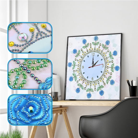 DIY Self-Assembly Blue Rose Surrounding Rhinestone Frameless Wall Clock - 35cm35cm, Wall-Mountable or Self-Framing, Romantic Gentle Home Decor & Timepiece