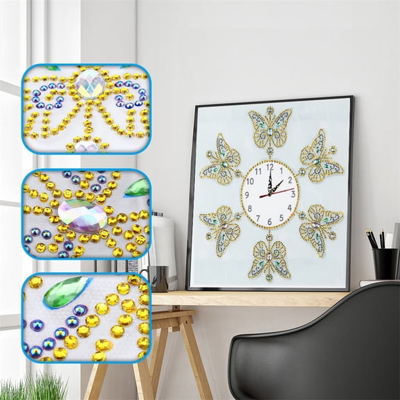 DIY Self-Assembly Butterfly Surrounding Rhinestone Frameless Wall Clock - 35cm35cm, Wall-Mountable or Self-Framing, Warm Pastoral Home Decor & Timepiece