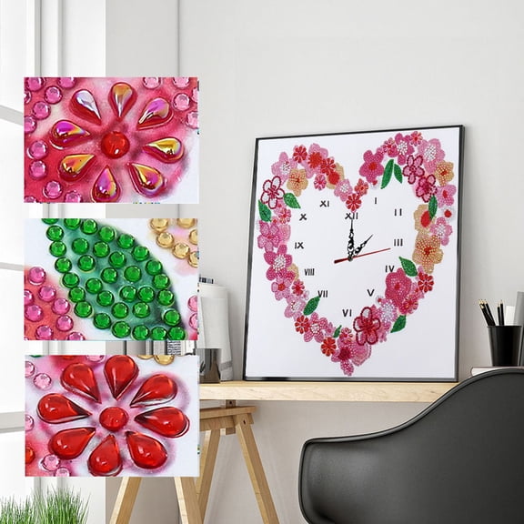 DIY Self-Assembly Heart-Shaped Floral Special-Shaped Rhinestone Frameless Wall Clock - 35cm35cm, Wall-Mountable or Self-Framing, Romantic Floral Home Decor Timepiece