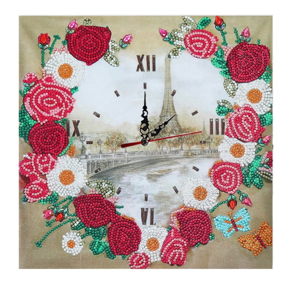 DIY Self-Assembly Paris Eiffel Tower Heart Rose Special-Shaped Rhinestone Frameless Wall Clock - 35cm35cm, Wall-Mountable or Self-Framing, Romantic Parisian Home Decor & Timepiece