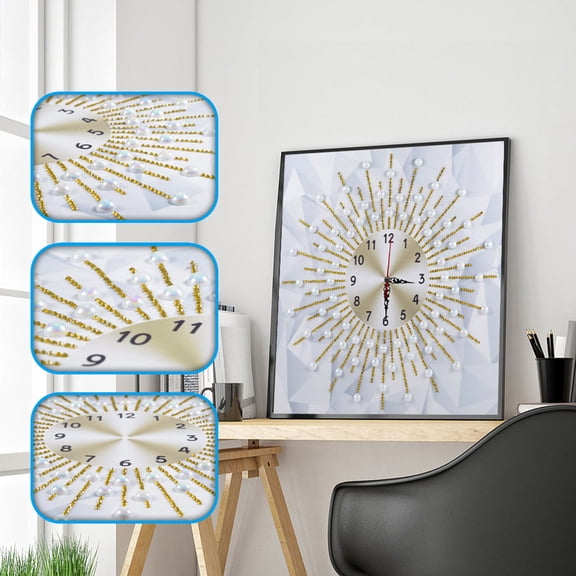 DIY Self-Assembly Radial Pearl & Gold Beaded Frameless Wall Clock - 35cm35cm, Wall-Mountable or Self-Framing, Luxury Home Decor & Timepiece