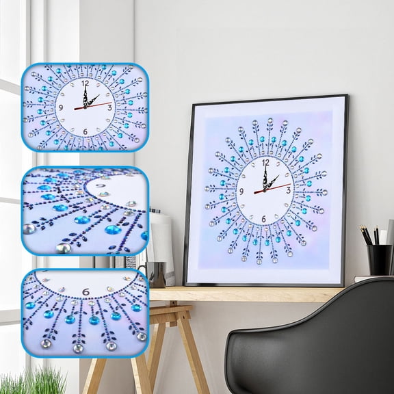 DIY Self-Assembly Radial Rhinestone Beaded Framed Wall Clock Kit - All Tools Included, Sparkly Blue & White Home Decor & Functional Timepiece