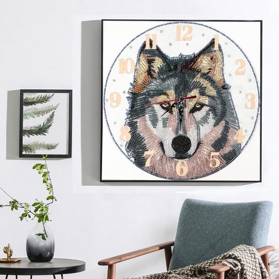 DIY Self-Assembly Wolf Head Special-Shaped Rhinestone Frameless Wall Clock - 35cm35cm, Wall-Mountable or Self-Framing, Bold Wildlife Home Decor & Timepiece