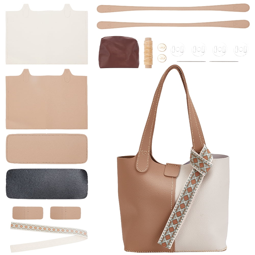 DIY Sew on PU Leather Bag Making Kit Including PU Leather Fabrics Polyester Bag & Bag Straps Magnetic Clasp Needle Cotton Thread Tan