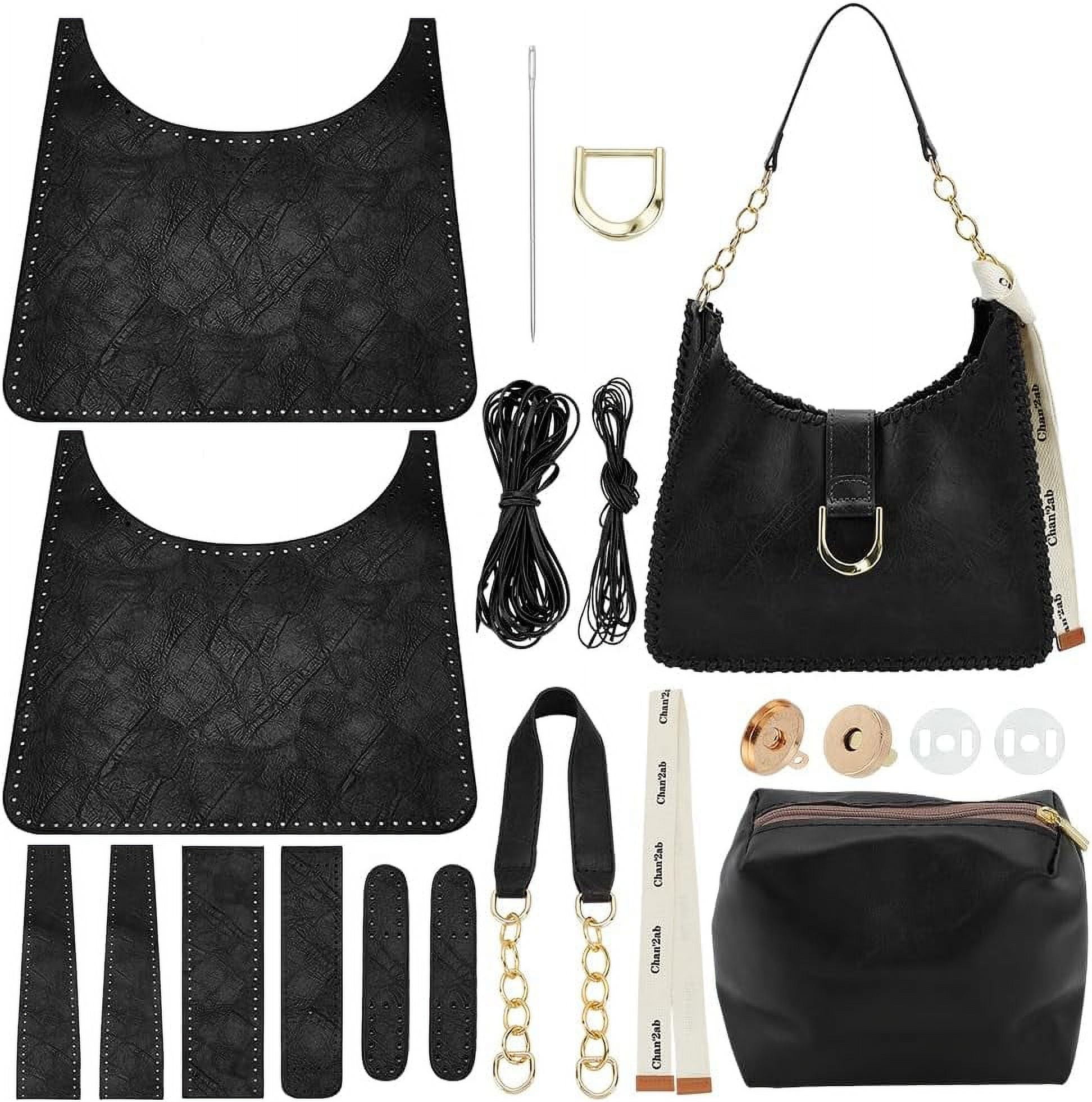 DIY Sew on Women's Underarm bag Making Kit Including Magnetic Clasp PU Leather Fabric Alloy Findings Wax Cord Needles Black