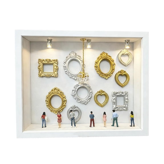 DIY Shadow Box Display Case with LED Lights, 10 Mini Gold Photo Frames and 7 Figurines, 3D Memory Collage Frame for Home Decor and Gift, 13 inch