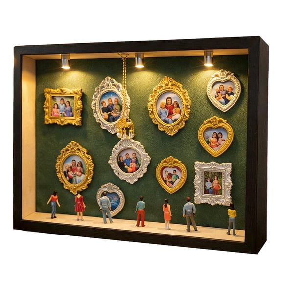 DIY Shadow Box Display Case with LED Lights, 10 Mini Gold Photo Frames and 7 Figurines, 3D Memory Collage Frame for Home Decor and Gift, 13 inch